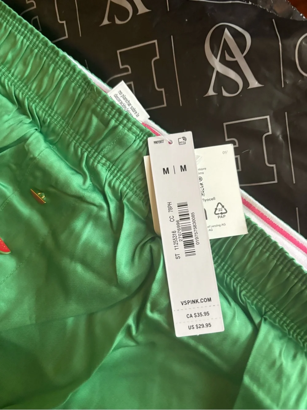 PINK Victoria's Secret Green Satin Lounge Shorts with Pink Logo Waistband